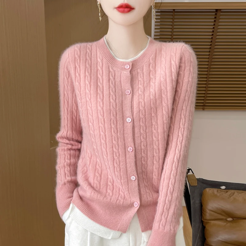 Jeseň a zima nová 100% merino vlnená dámska farba okrúhly krk Farba Falošné dva kardigan voľné twist cashmere sveter