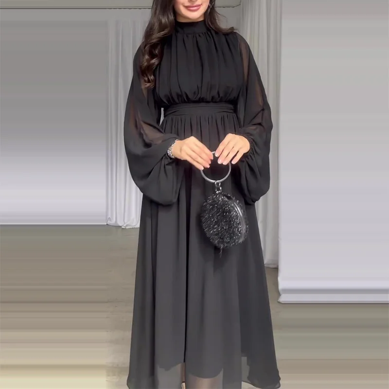 Jeseň Dámsky s dlhým rukávom Solid Color Office Dress Fashion lady o krku Príležitostné šaty maxi šaty 2024 Jar