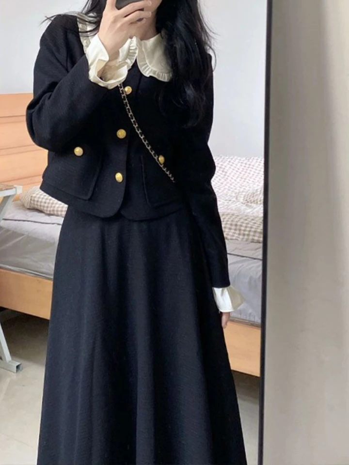 Jeseň Elegantná dvojdielna sada žien vintage gombík Crop Coat midi sukňa sada ženských vintage