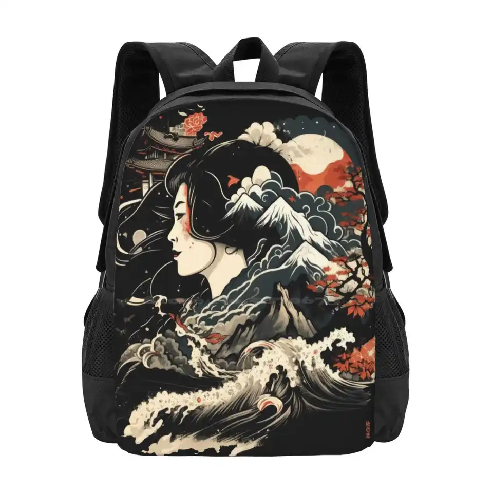 Jeseň Love Japanese Hot Sale Schoolbag Backpack módne tašky Samuraj Swords Love Geisha Art Geisha Hat Sakura Tree Japonsko