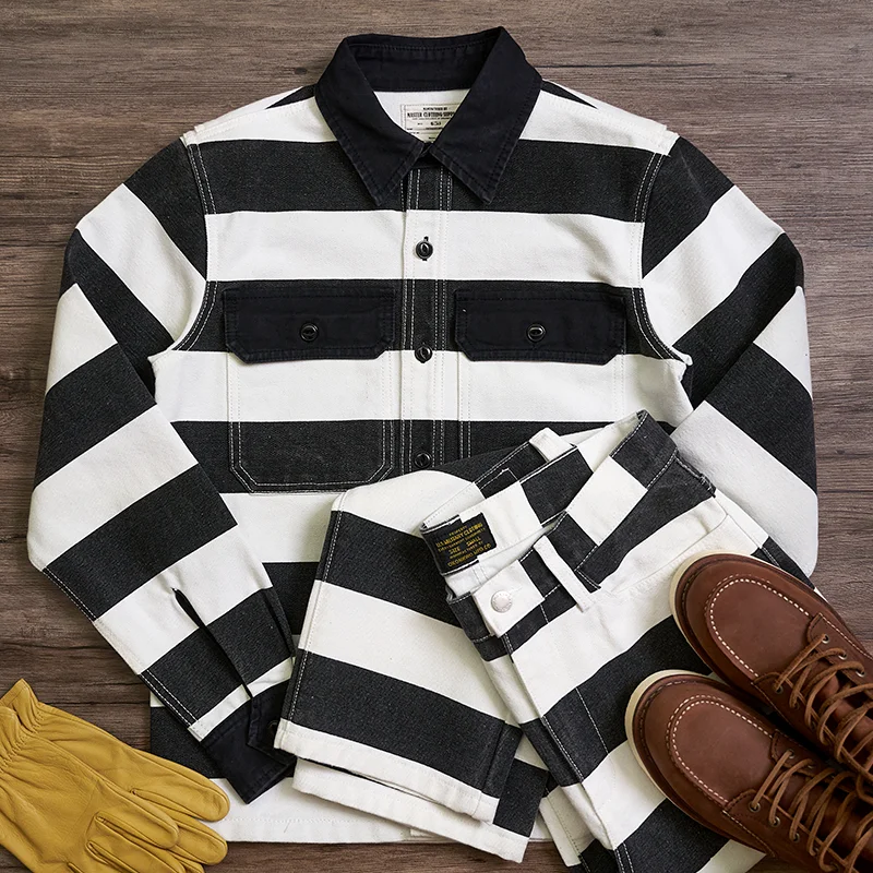 Jeseň New American Retro 16oz Väzňate Väzňate pruhovaný bunda Pánske módne čisto bavlnené umývané husté plátno Motocyklový kabát