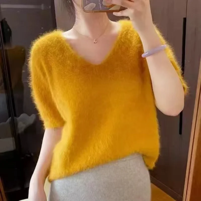 Jeseň New Slouchy Mink Cashmere Sweater s krátkym rukávom V krku s krkom voľný sveter Lady Velvet Short Top C886