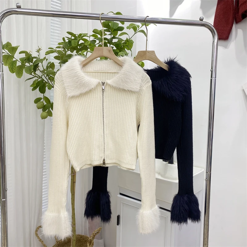 Jeseň Nové pletené rebrové svetre svetre Dámske kašmíny Mink Cashmere Patchwork s dlhým rukávom Topy skokany zips y2k Outwear T607
