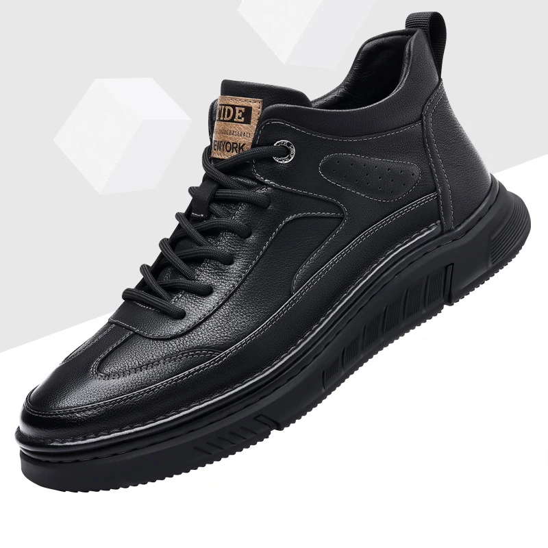 Jeseň Nové topánky pre mužov kožené príležitostné topánky Vysoké topánky ploché topánky Skateboard Street Fashion Lace-Up Sneaker
