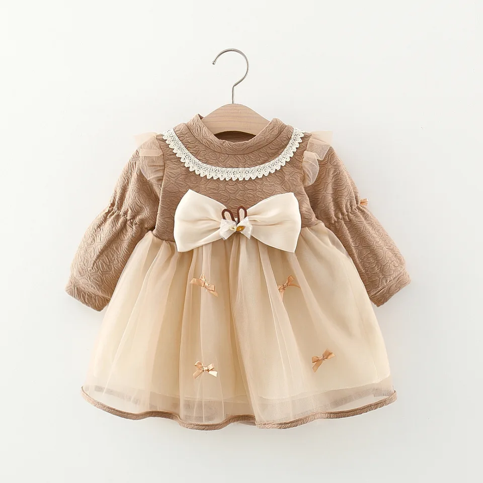 Jeseň Spring Dievčatá s dlhým rukávom Zle šaty čipky Lace Bow Party Detské oblečenie Kórejský štýl detské kostýmy 0 až 3 roky