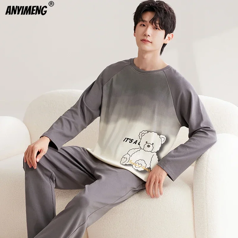 Jeseň Spring New Mens Sleepwear Faux Cotton Pullover pyžamy súpravy karikatúry Strip Loungewear for Boy s dlhými rukávmi domácnosť pre človeka