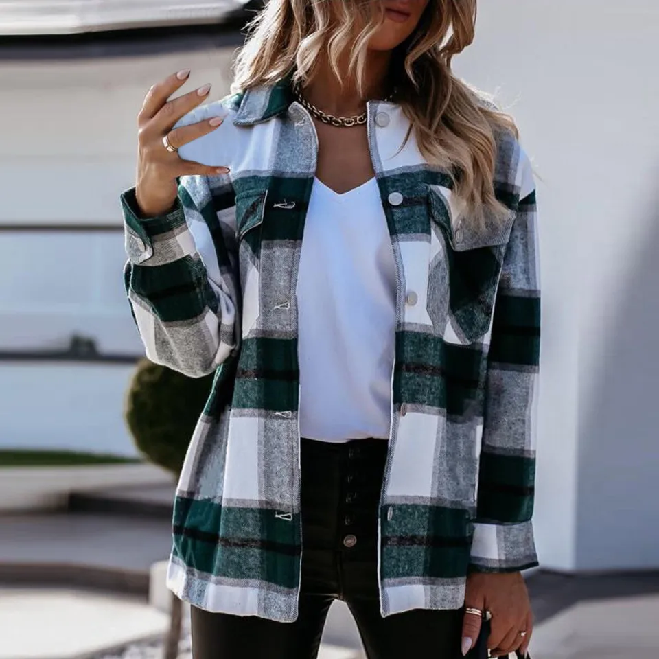 Jeseň Spring Ženy Plaid Tlačené bundy Príležitostné klopné vrecko s jednou blúzkou blúzky topy americké vintage košeľový kabát худи 후드티