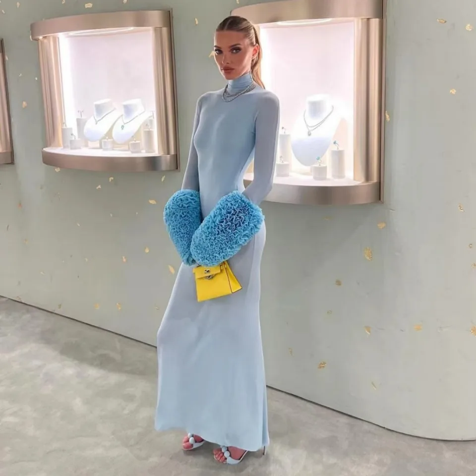 Jeseň Turtleneck Maxi Dress Ženy Elegantné dlhé rukávy Slim Večerné párty šaty zimné sexy videnie cez nočný klub outfit 2024