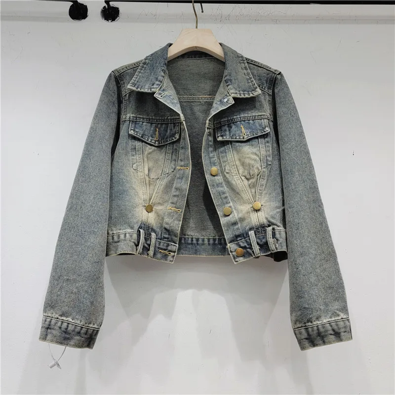 Jeseň Vintage Praje svetlo modrá krátka džínsová bunda Dámska Dámska dekorácia klopa s dlhým rukávom Príležitostné džínsy bunda Coat