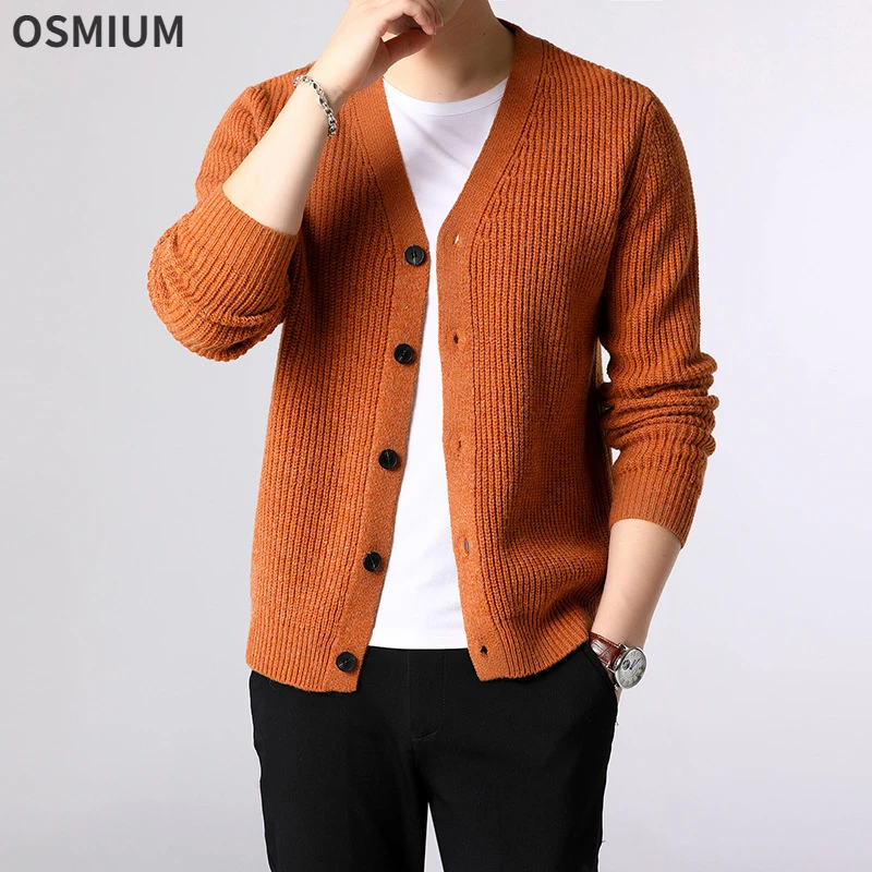 Jeseň Winter Men pletená sveter Kórejský korean s dlhým rukávom Slim Fit Button Up Sweater Orange Cittwear Boys pletená top plus veľkosť xxxl