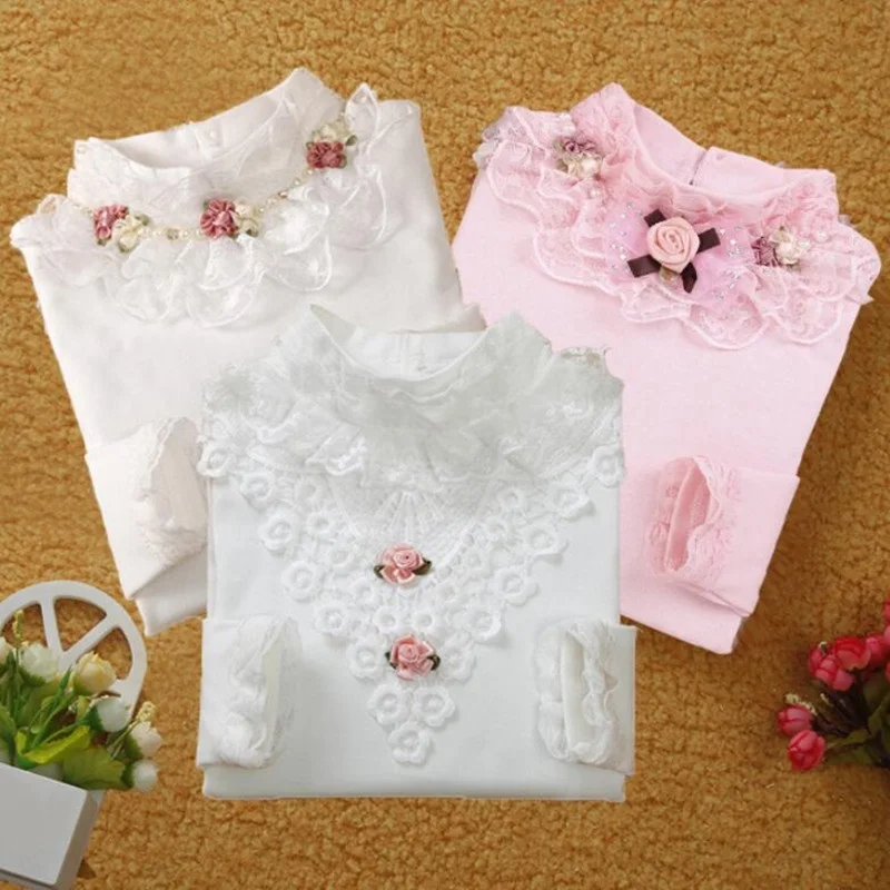 Jeseň zima baby batoľa dospievajúce dievčatá biela blúzka bavlnená dlhé rukávy košele detské čipky kvetinové pullover tops 6 8 10 12 rokov