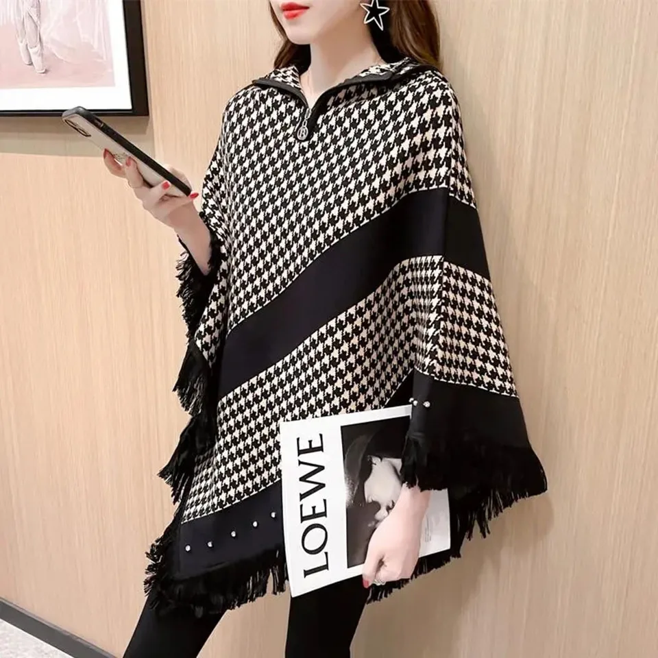 Jeseň zima Diamond Dámsky poncho topy Tops módne kockované kotlo čapu Cape Bat Bat Sweter Sweater nepravidelné plášťové pletené skoky šál