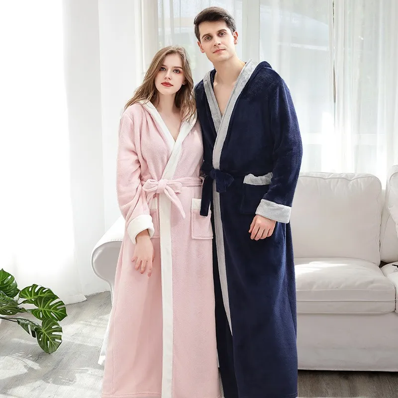Jeseň zima flanel nočné košele s kapucňou župan koralové fleece mužské zmesové páry rúcho kimono brácha Dámske domáce oblečenie