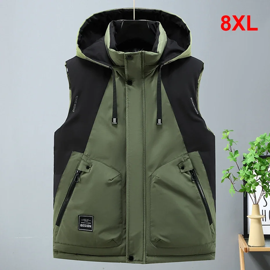 Jeseň zima hrubá vesta muži plus veľkosť 8xl nákladné vesty patchwork bez rukávov bunda móda módna s kapucňou samec
