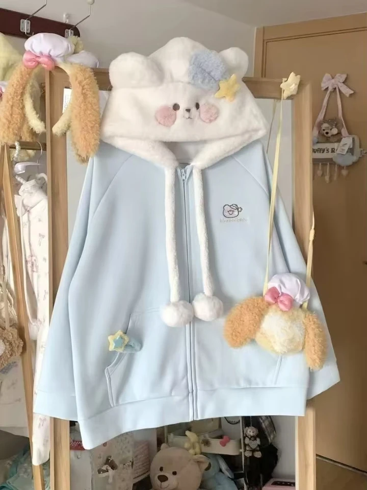Jeseň zima kawaii uvoľnená srsť s dlhým rukávom dizajn dizajn roztomilý výšivka zipsová mikina samica japonský sladký modrý kabát s kabátom