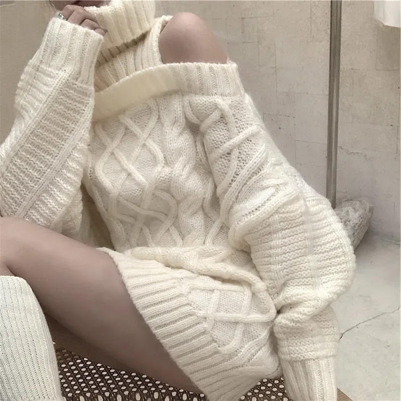Jeseň zima Kórejský štýl Ženy Turtleneck pletené svetre módne divoké pletenie Outwear Outwear Female Sexy Off Pullovers vs