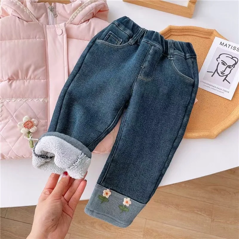 Jeseň zima nové deti Dievčatá Jean denim elastické elastické pevné zahustené teplé deti chlapci nohavice voľné nohavice chlapcov