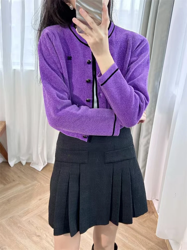 Jeseň zima Nový módny krátky sveter sveter sveter Ženy Elegantné fialové fialové single Breast Stripe Trim Sweet Bunda Cors Dámy
