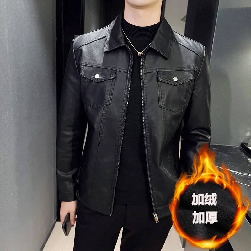Jeseň zima s vetru kožený kabát oblečenie Pánsky motocykel s kabrou Overe Otočte golier zips zips fleece kožené bundy samec