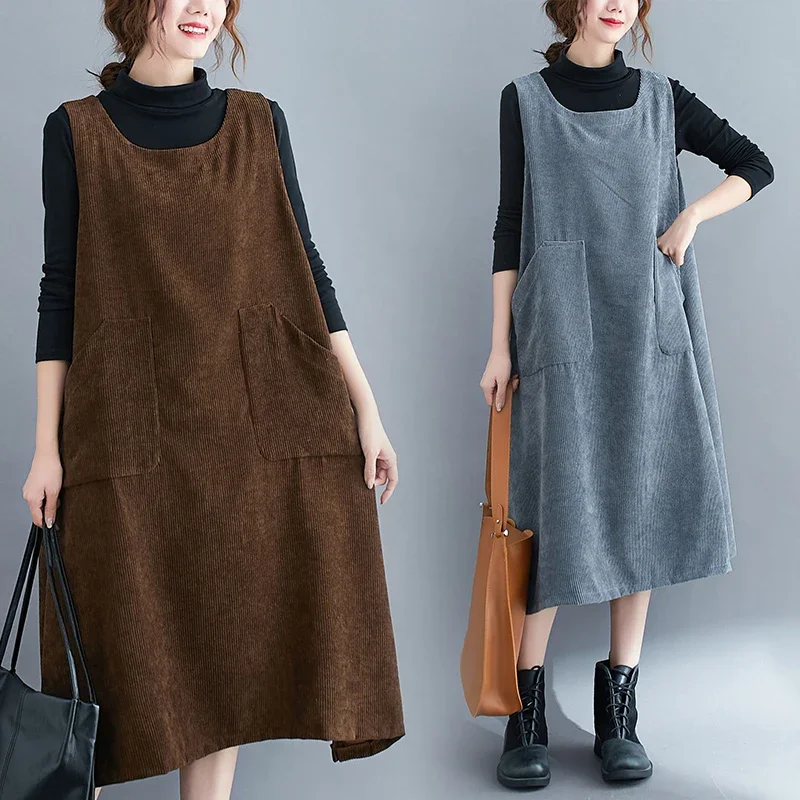 Jeseň zima čierna šedá hnedá hnedá šatka šaty bez rukávov Tank Top A-line šaty Dámske predné vrecká Vintage midi Vestidos