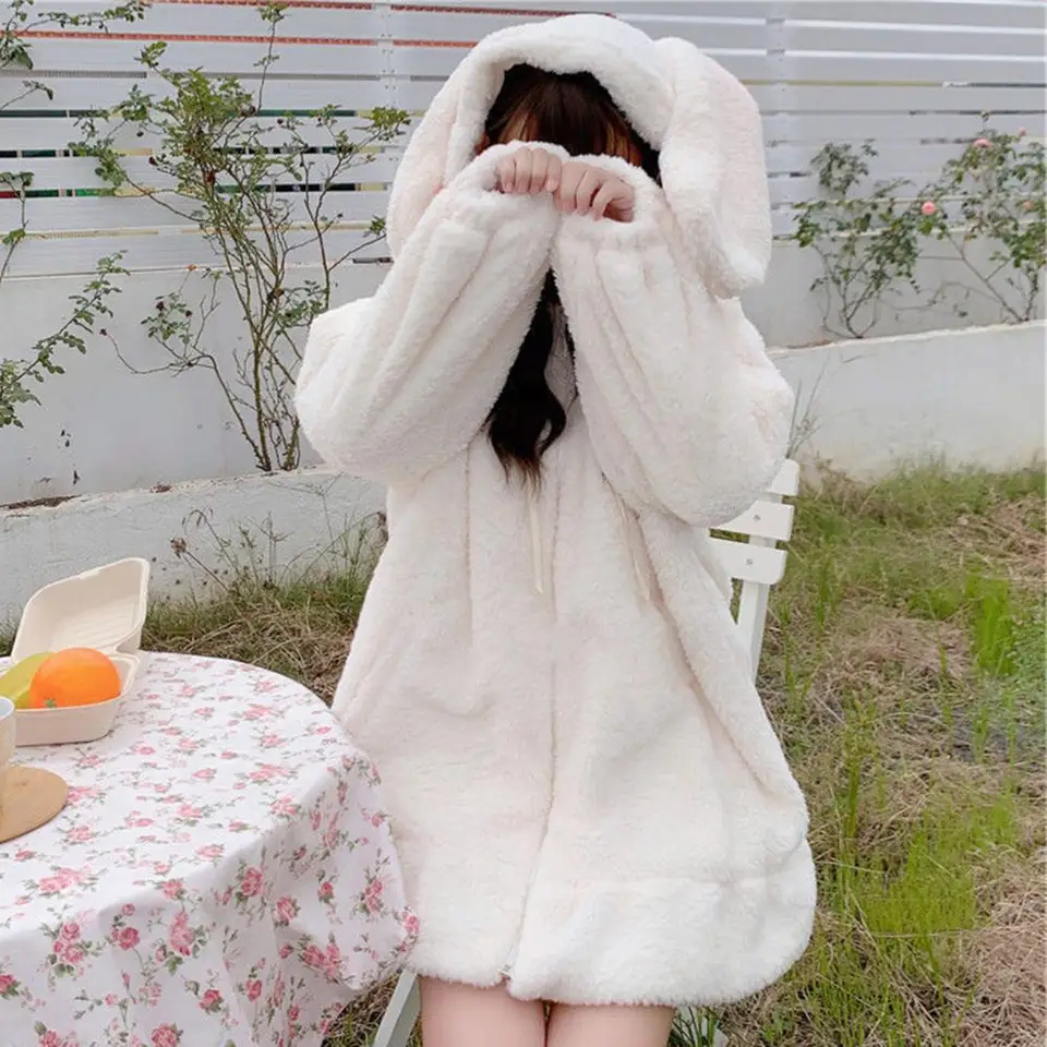 Jeseň Zimná dámska kapucňa plyš Bunny Ears Zipper Placket Lady Mikina japonský štýl teplý elastický manžetový kabát