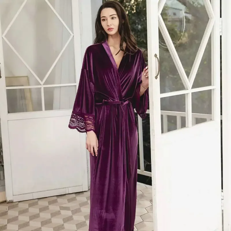 Jeseň Zimná zamatová nočná košeľa kimono rúcho spánok oblečenie dresing nočná nočná župan sexy čipk