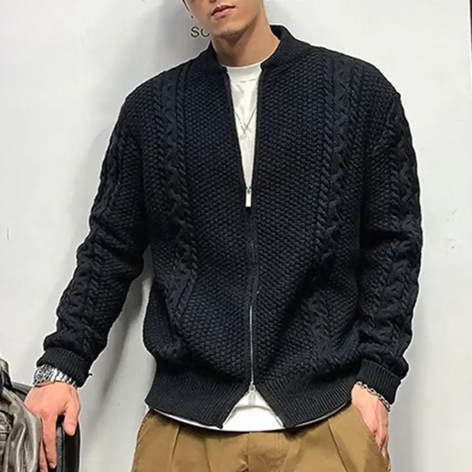 Jeseň zimné pletené svetre pre mužov Motocykel Motorycle Man Cloth Coat zips bunda zip-up kórejský módny vintage sveter
