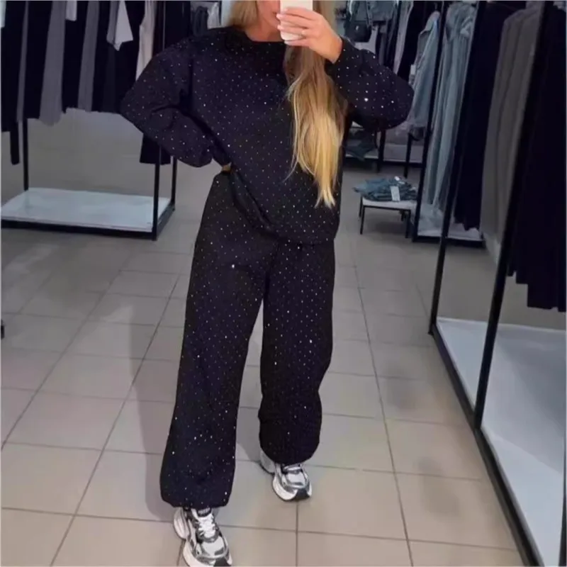 Jeseň zimný kamienok lesklý voľný fit set žien o krk mikina pullover zviazané nohavice trať retro voľný šport 2 pice set