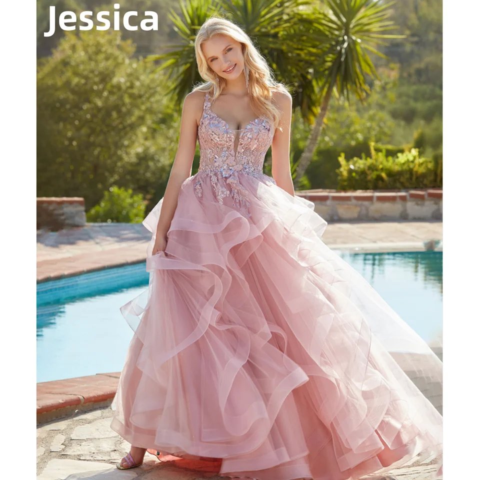 Jessica Glitter -Lace Lace Appliqué Prom Dayses Ružové nadýchané ruffles Prom Dress Formal Party Dressese 2024Vestidos de Fiesta Prispôsobiť