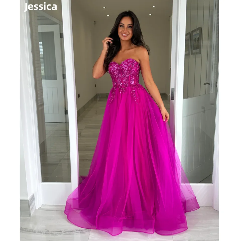 Jessica Glitter výšivky ples šaty rozprávkové fialové purpurové šaty s tulleweddingom Sexy off-ramene Elegantné šaty de soirée prispôsobené