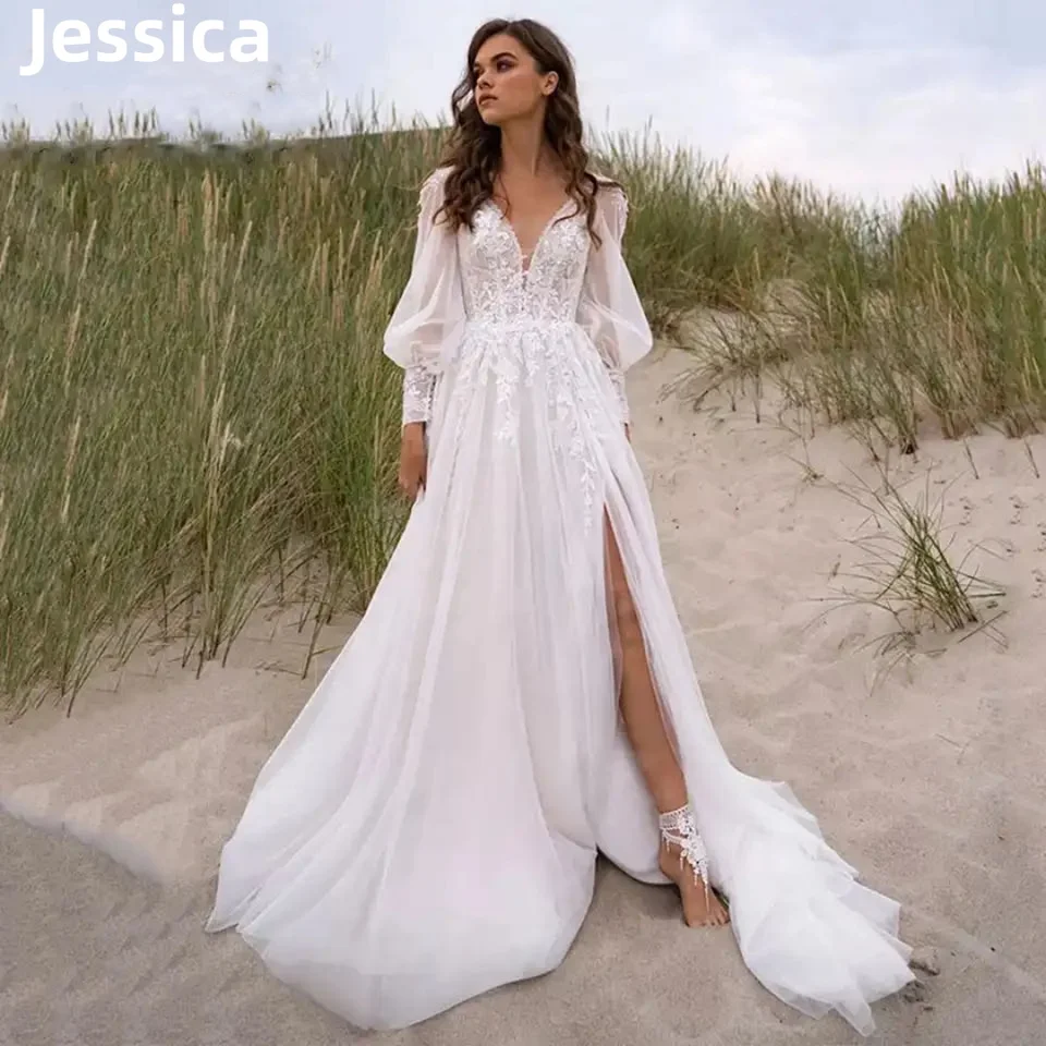 Jessica jednoduché čipkované šaty Svadobné šaty princezná Puff rukávy plesové šaty tylové večerné šaty formálne párty šaty