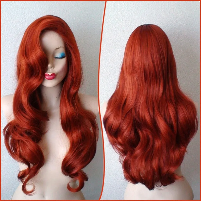 Jessica Rabbit Wavy Dlhá medená červené vlasy Malú morskú pannu princezná Ariel tepelne odolná voči kostýmov parochňou + parochňou čiapka