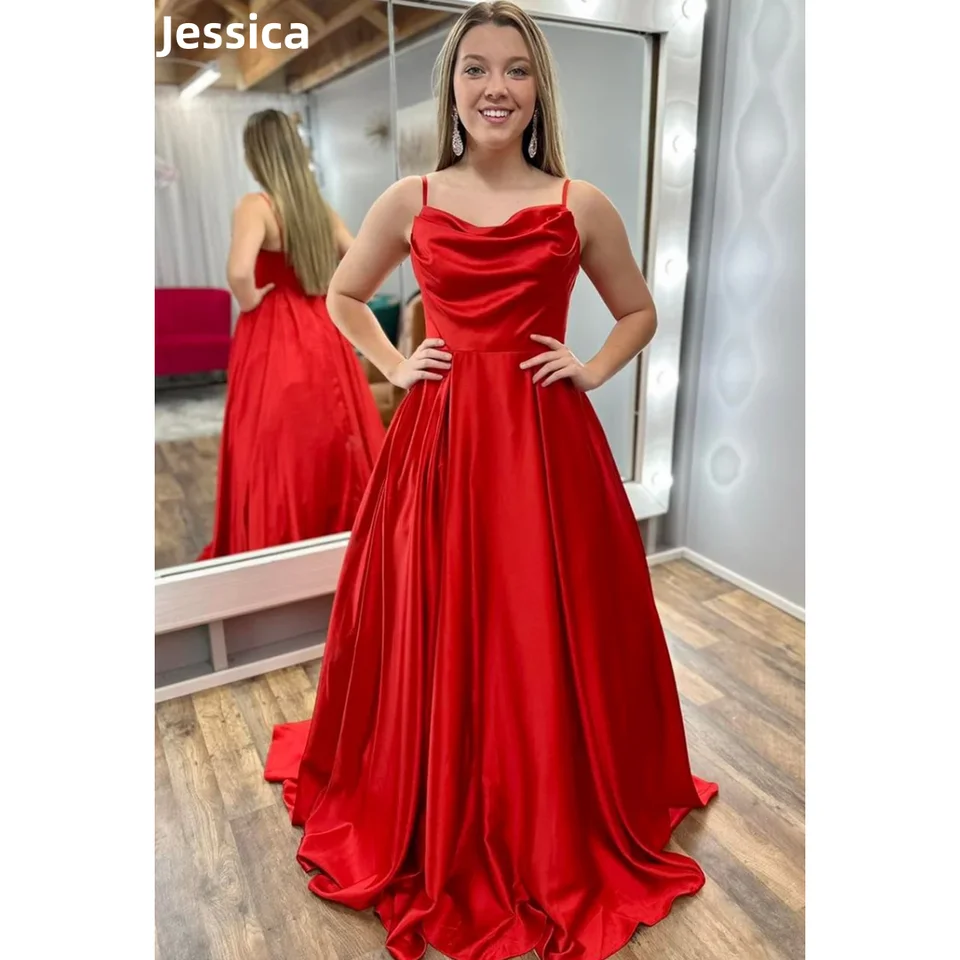 Jessica The Red Bride Prom šaty špagety popruhy v saténových večerných šatách dlhé a elegantné kokteilové šaty