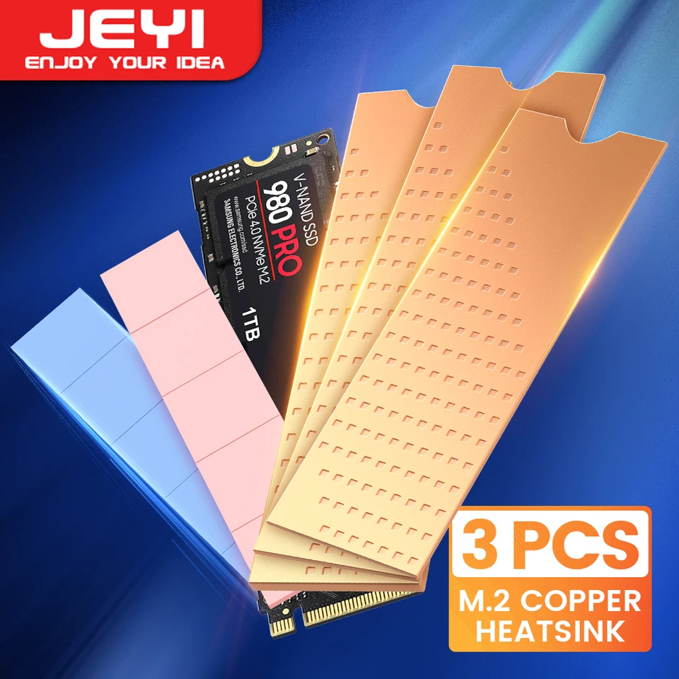 Jeyi Copper M.2 Heatsink, 3ks 2280 SSD Copper Cool Cooler Solid State Disk Radiátor s tepelnou silikónovou podložkou pre prenosný počítač
