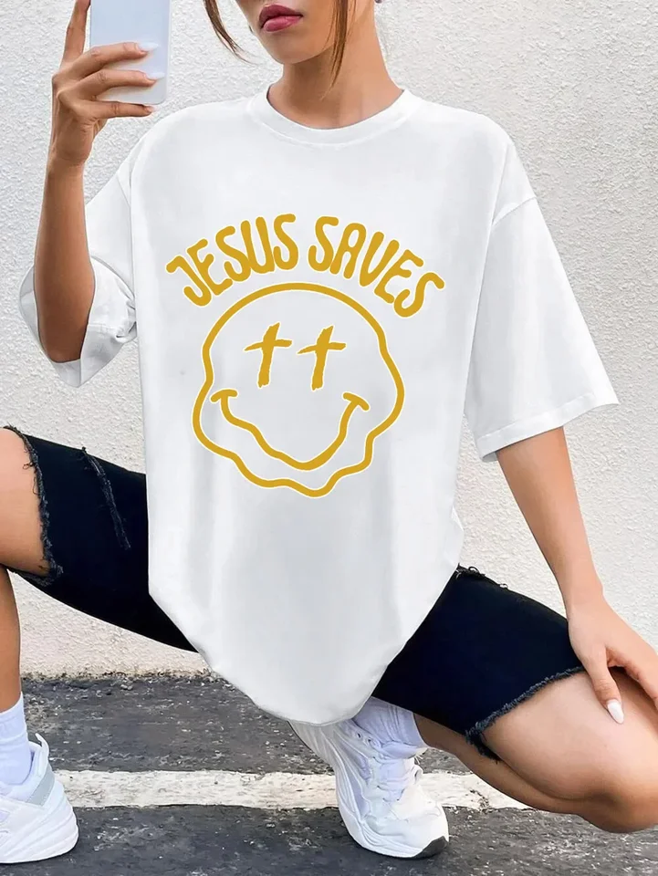 Ježiš Raje uśmiech W Kolorze T-shirt w za du usym Rozmiarze chrześcijańskie luźne koszulki pozytywne koszule kobiety modny baweł