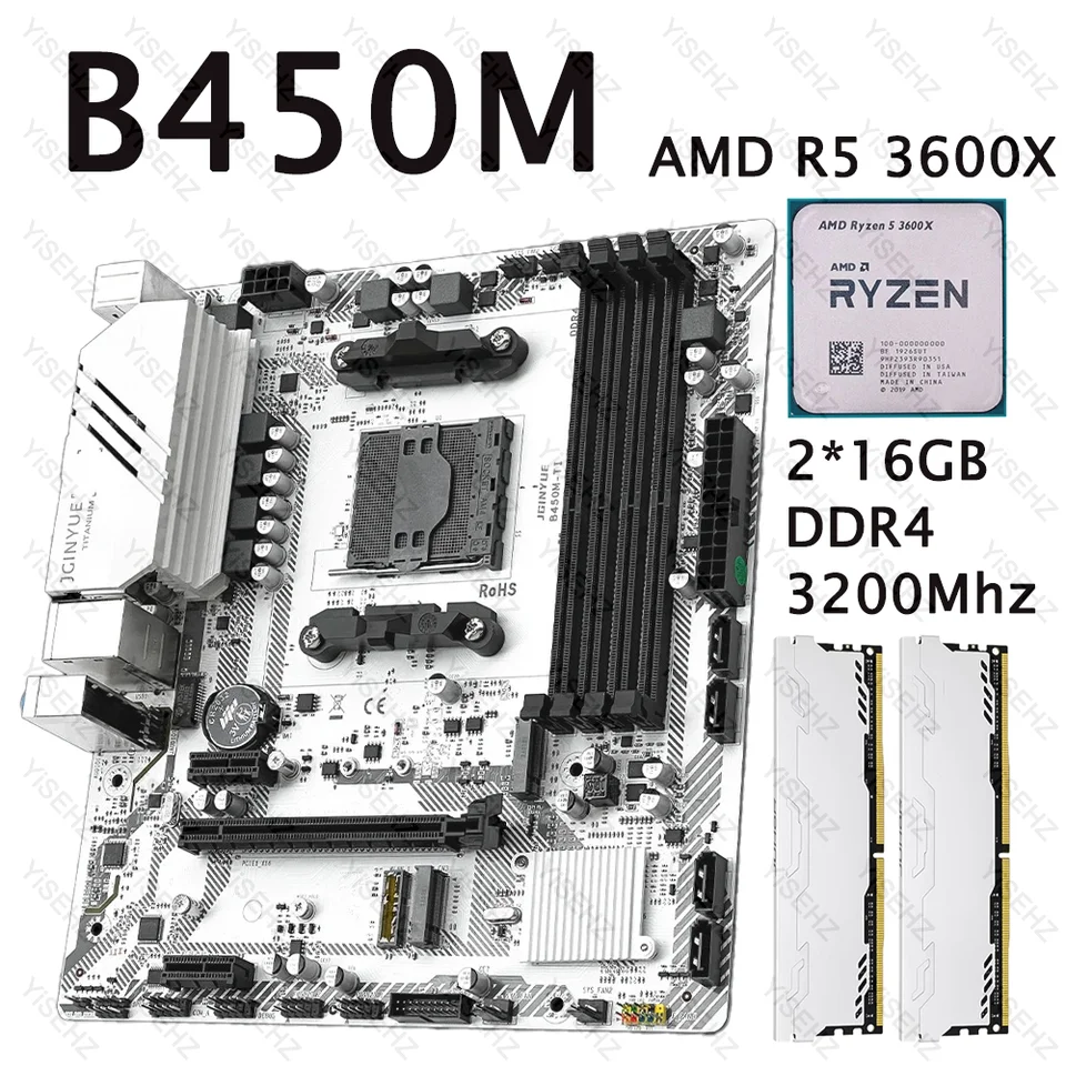 Jginyue AM4 B450 Sada základnej dosky s AMD Ryzen R5 3600X CPU 2*16GB = 32 GB DDR4 DDR4 DULAMICKÝ PAMTER RAM M-ATX B450M-TI
