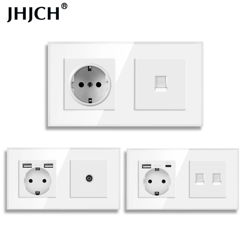 JHJCH EU Standard Wall Socket + TV CAT3, Temperované sklo RJ45 CAT6 Wall Connector + počítačový internetový konektor 157*86 mm