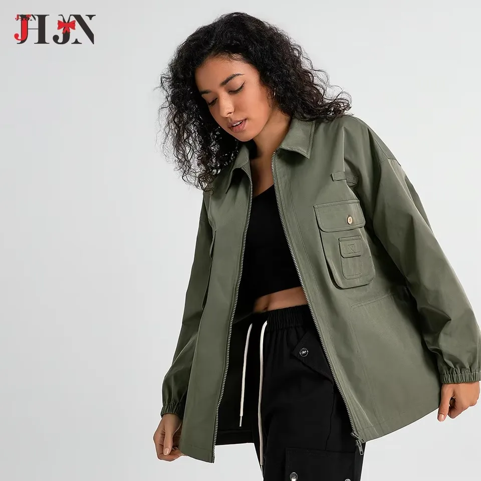 Jhjn Green Cargo Denim bunda Ženy Men Spring Clothing Harajuku Jeans Coat Fashion Vojenské Príležitostné pracovné oblečenie Japonské streetwear