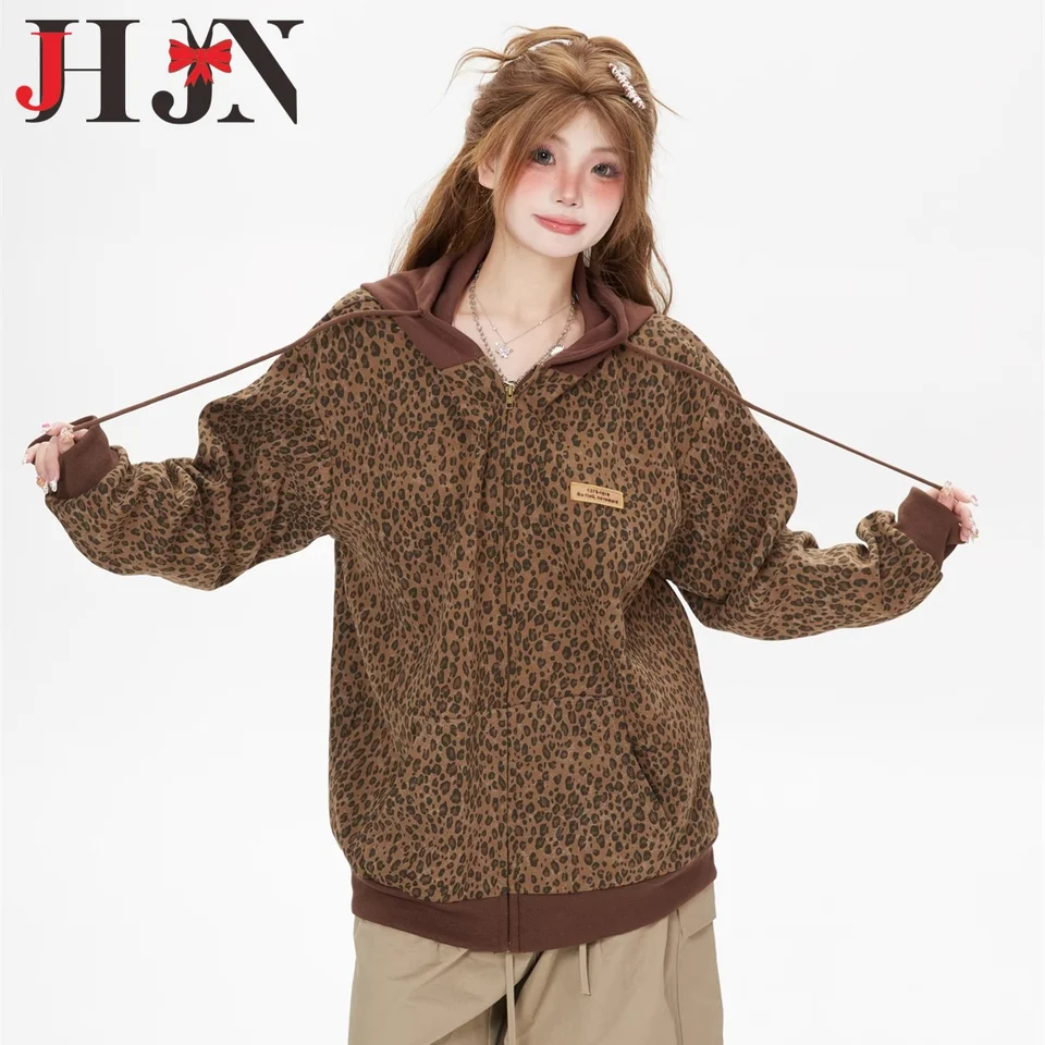 Jhjn Leopard Print Woman s kapucňou bunda maillard štýl hnedá mikina retro zips replantcring vonkajšie oblečenie hip hop trendy mikiny