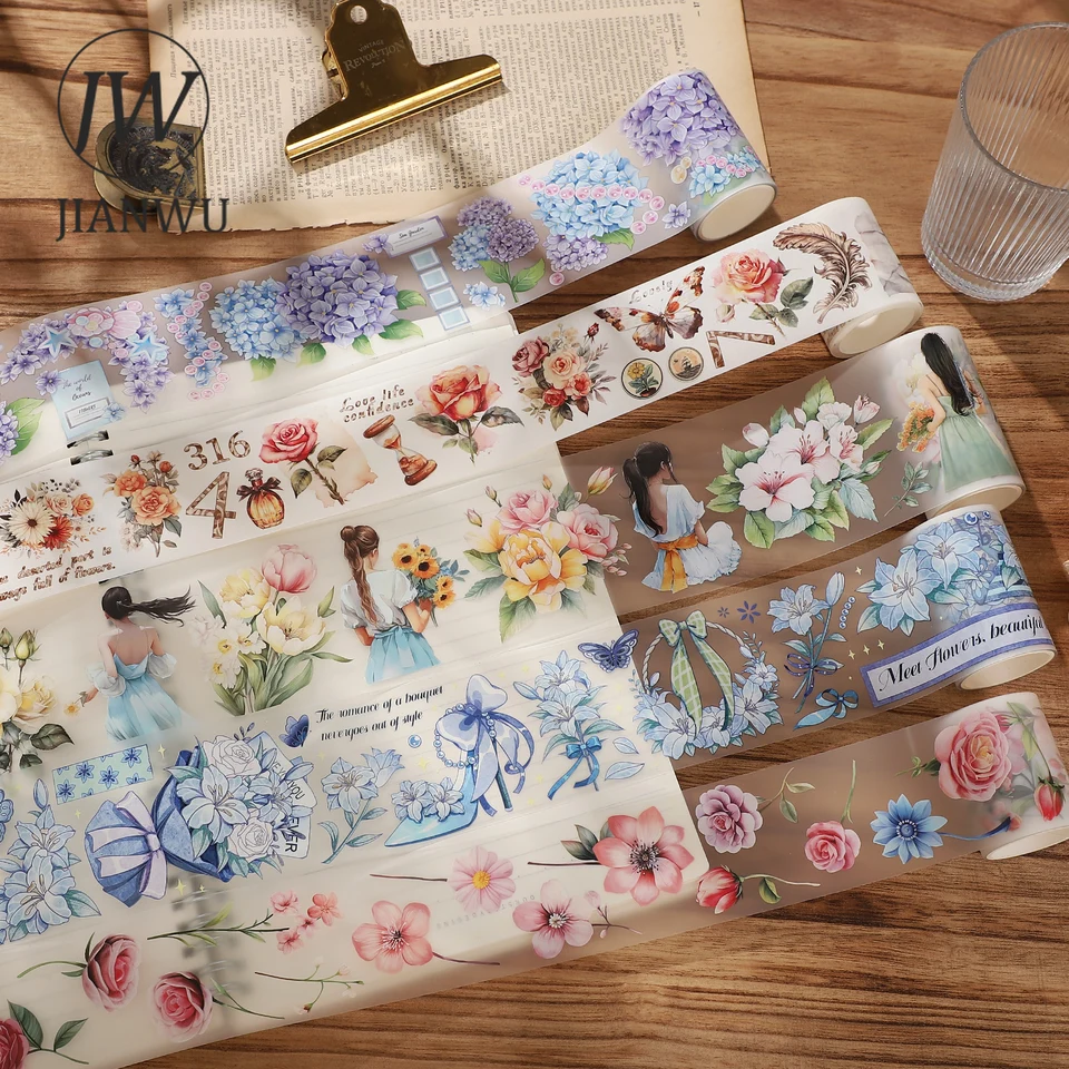 Jianwu 200 cm/roll literárne vinobranie postavy Kvet Special Oil Decor Tape Creative DIY Journal Scrapbook Collage Stationery