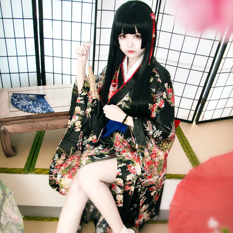 Jigoku shoujo enma ai slúžky šaty kimono yukata uniforma outfit anime cosplay kostýmy kimono + opasok + bowknot + skladací ventilátor