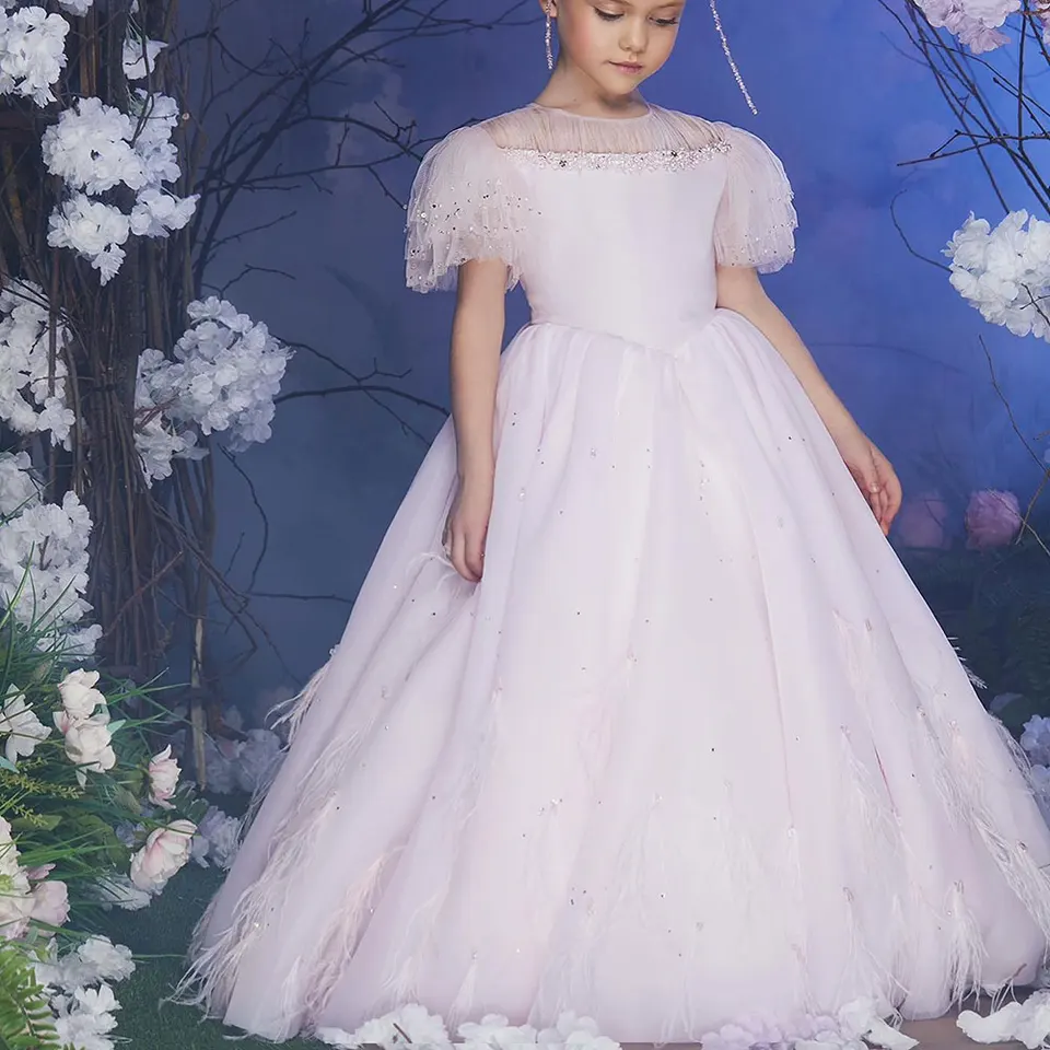 Jill Wish Luxury Blush Pink Girl Desia Feathers Korálková princezná detská detská svadobná narodeninová oslava šaty prvé prijímanie 2025 J391