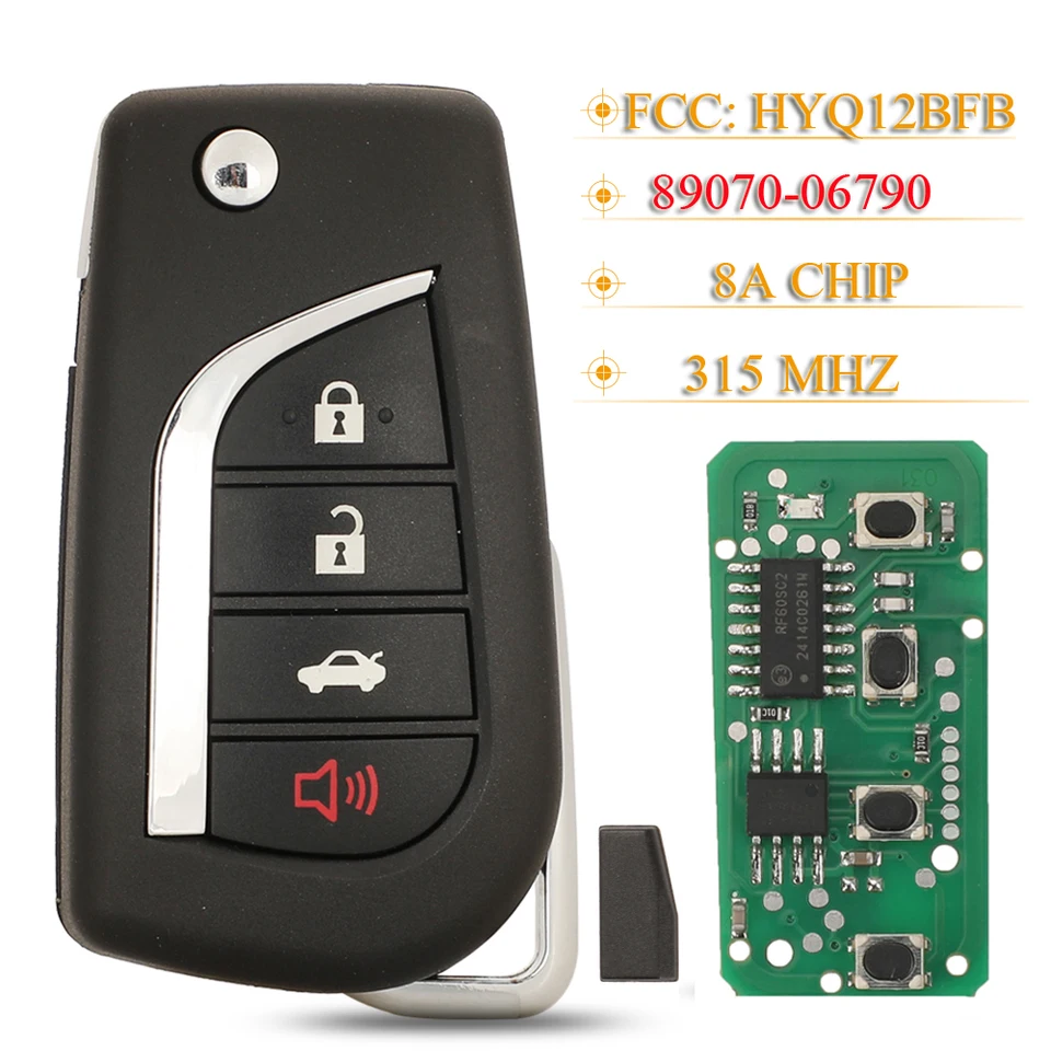 Jingyuqin 4 tlačidlá skladacie diaľkové vozidlo Smart Remote Car Key FOB HYQ12BFB 315MHZ 8A Chip 89070-06790 pre Toyota Camry 2018-2020