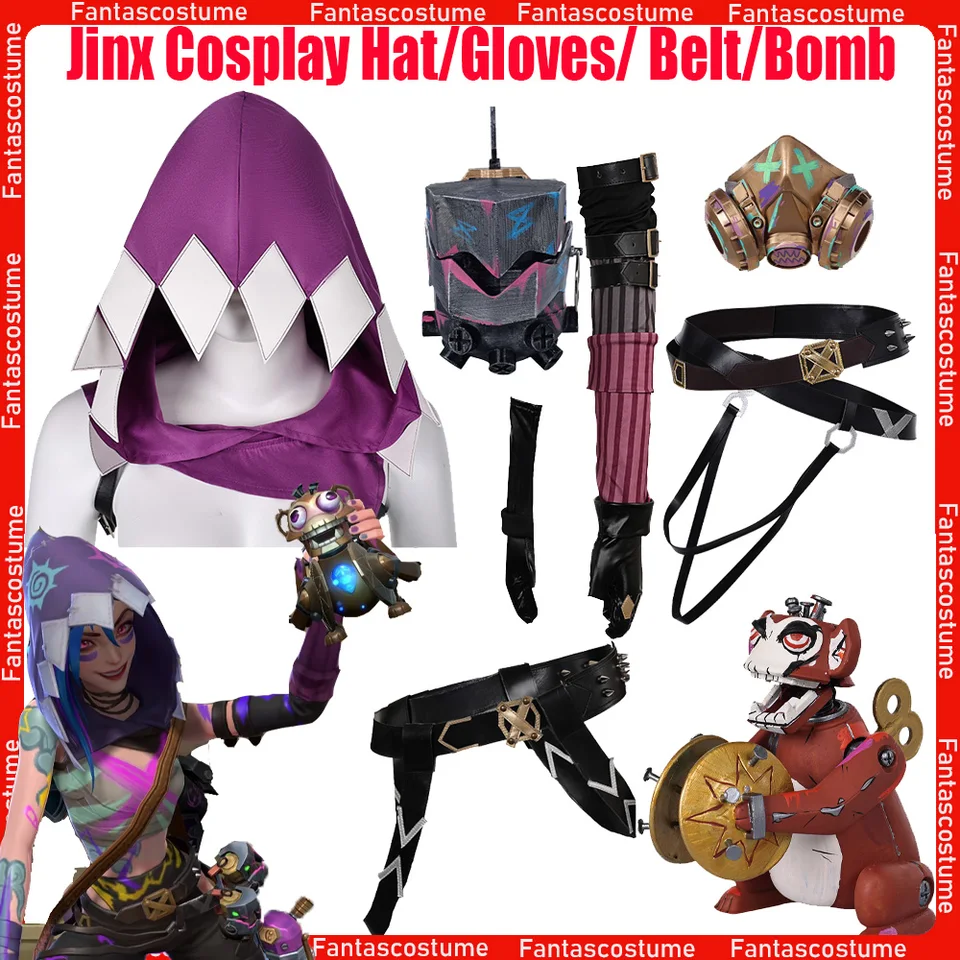 Jinx Belt Cosplay Hat Waistband rukavice Acrane Game lol Fantasy Mask opičí bomba bomba prop Halloween Party kostýmové doplnky