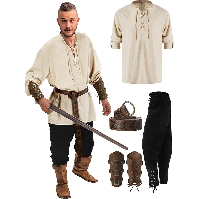 Jiuguva 4 PCS Halloween Pánsky kostýmový súbor kostýmov Stredoveké pirátske košeľa členky členok