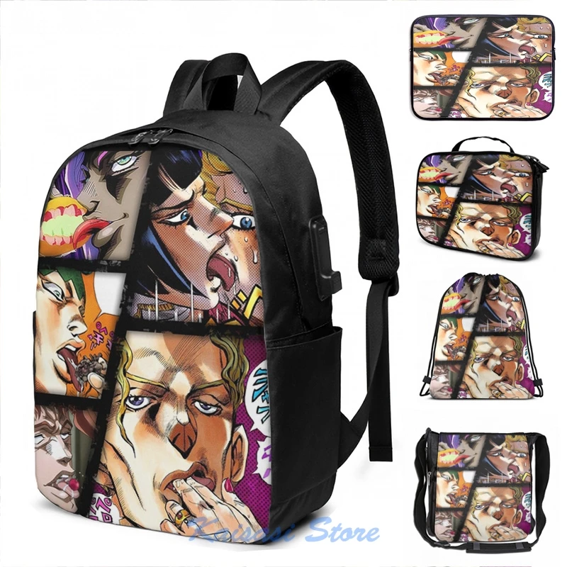 Jjba ahego lewd jazyk časť 3 4 5 jojos bizarný adeventure USB nabíjanie batohu Cosmetic tašku cestovné laptop tašku