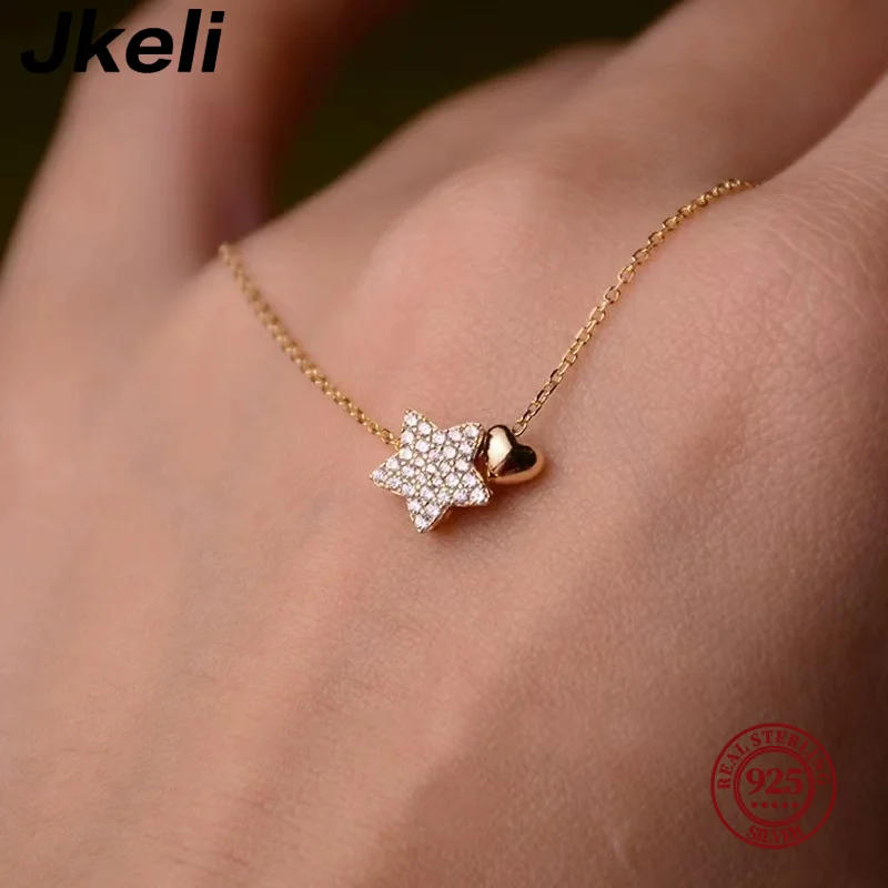 JKeli Real 925 Sterling strieborný náhrdelník sladká hviezda Srdce prívesok 18k náhrdelník pre ženy Svadobné vyhlásenie jemné šperky