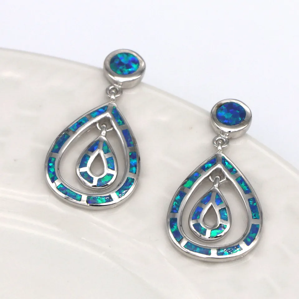 JLE1097 Nové elegantné dvojité vodné kvapky Blue Fire Opal náušnice Sterling Silver 925 Strieborné dámske náušnice móda