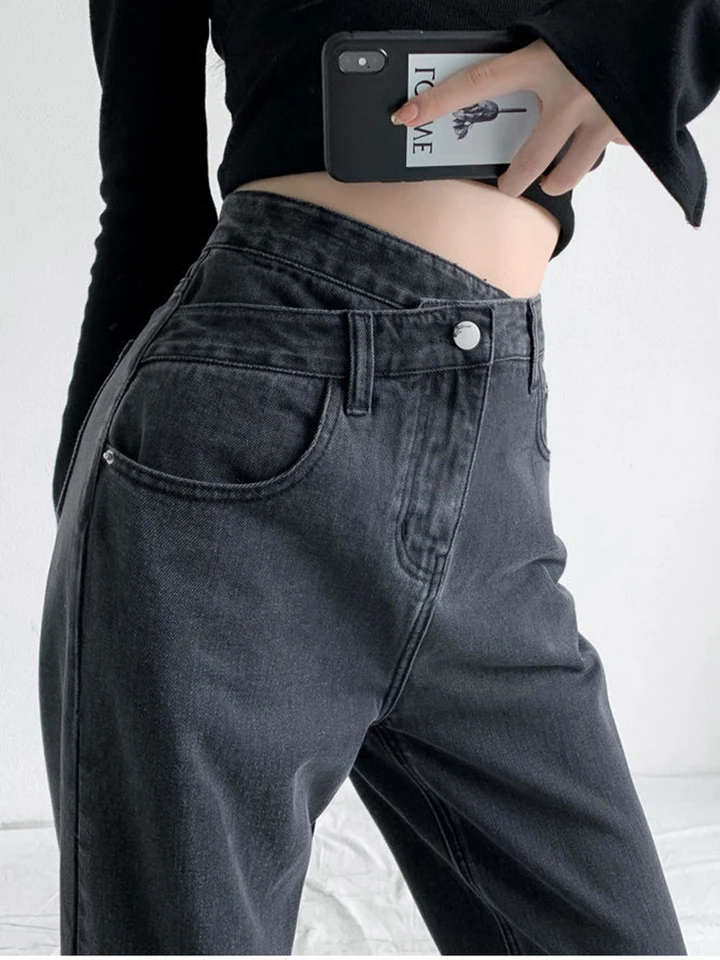 JMPRS Jeans Ženy Vysoký pás Čierne široké džínsové nohavice džínsové nohavice navrhnuté gombíky modré nohavice móda Kórejský štýl ženské džínsy XS