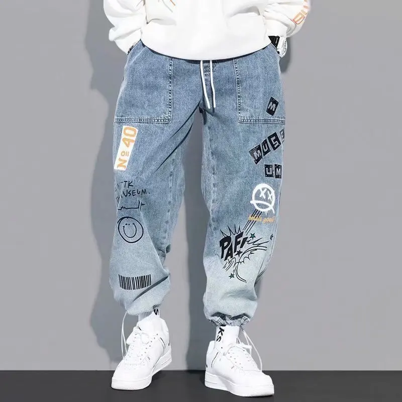 Joa jeseň Nový list tlačený džínsy Men y2k harajuku módny neformálny trend voľný karikatúra graffiti zväzky